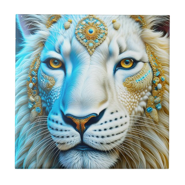 Majestic White and Gold Lion   Ceramic Tile (Front)