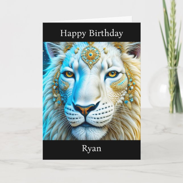 Majestic White and Gold Lion Personalized Birthday Card (Front)