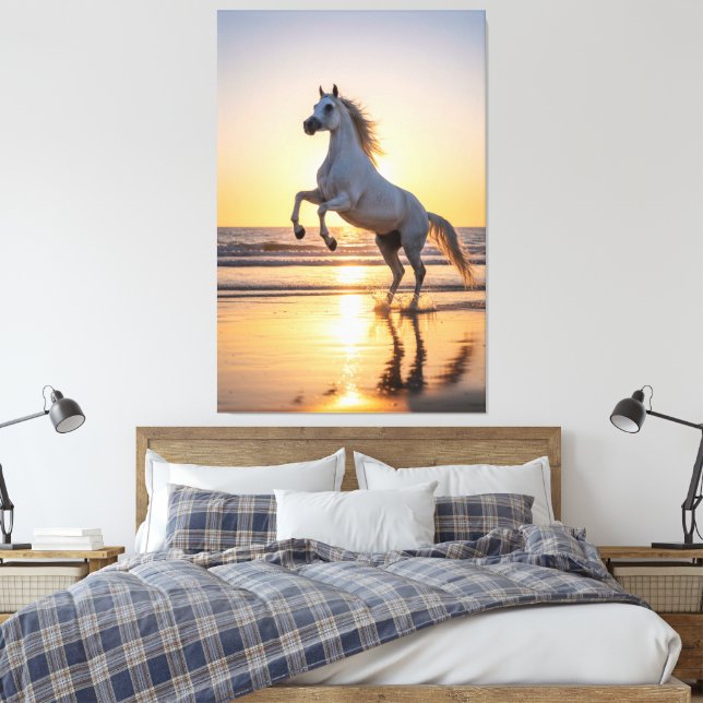 Majestic White Arabian Horse Sunset Beach Canvas Print (Insitu(Bedroom))