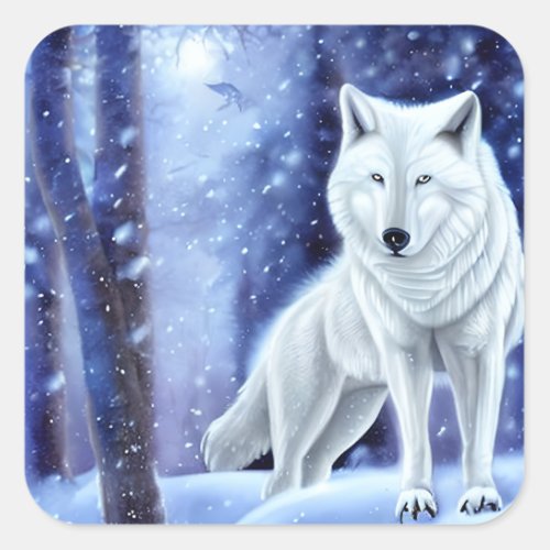 Majestic White Arctic Wolf Art Square Sticker