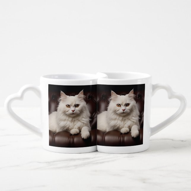 Majestic white cat coffee mug set (Front Nesting)
