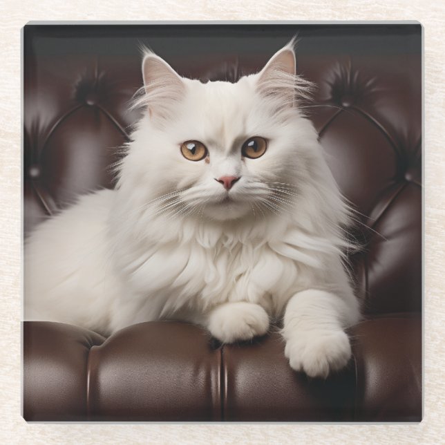 Majestic white cat glass coaster (Front)
