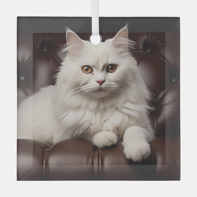Majestic white cat glass ornament (Front)