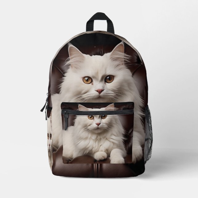 Majestic white cat printed backpack (Front)