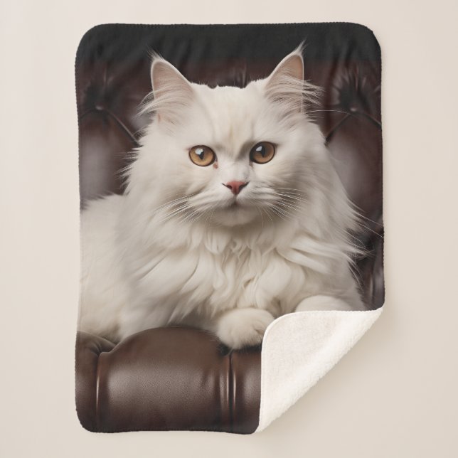 Majestic white cat sherpa blanket (Front)