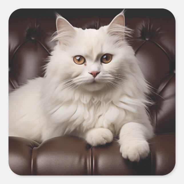 Majestic white cat square sticker (Front)