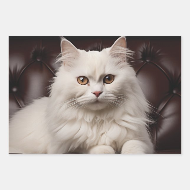 Majestic white cat wrapping paper sheets (Front)