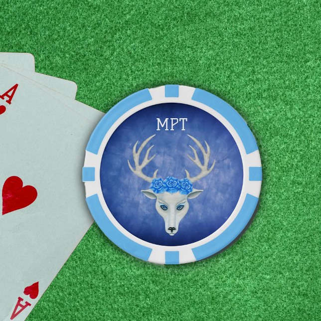 Majestic White Deer Head Antlers Roses Blue Poker Chips (Majestic head of white deer antlers crown of blue roses on misty blue poker chips.)