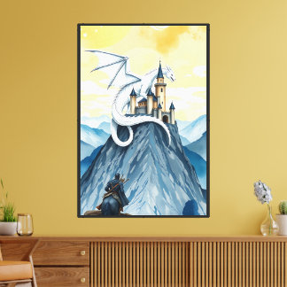 Majestic White Dragon Over the Fortress Canvas Print