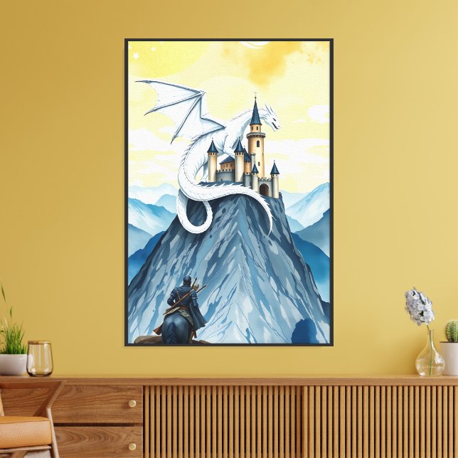 Majestic White Dragon Over the Fortress  Canvas Print (Insitu(LivingRoom))