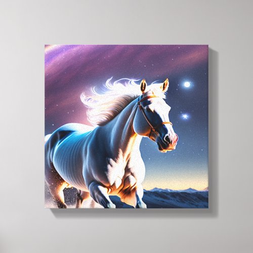 Majestic White Horse Design in Moonlit Galaxy on  Canvas Print