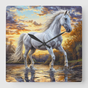 Majestic White Horse Galloping Through Water Square Wall Clock