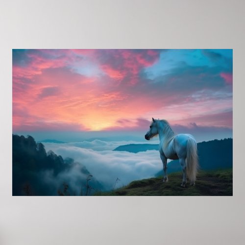 Majestic White Horse in the Mountain at Sunrise Poster