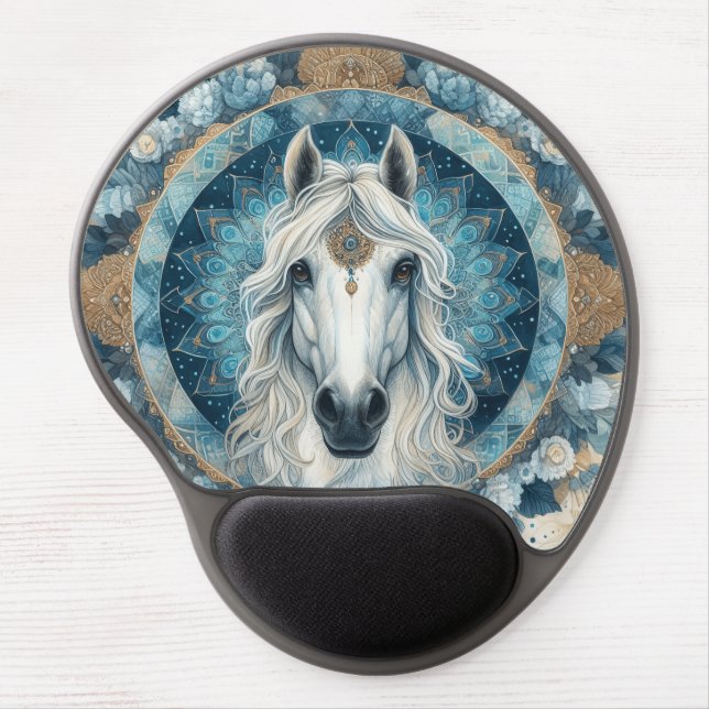 Majestic White Horse Mandala Design Gel Mouse Pad (Front)