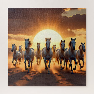 Majestic White Horses at Sunset Desert Run Jigsaw Puzzle