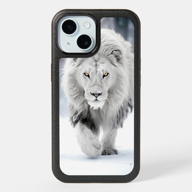 Majestic White Lion in Winter Wonderland Design iPhone 15 Case (Back)