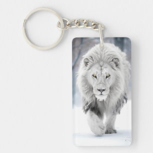Majestic White Lion in Winter Wonderland Design Keychain