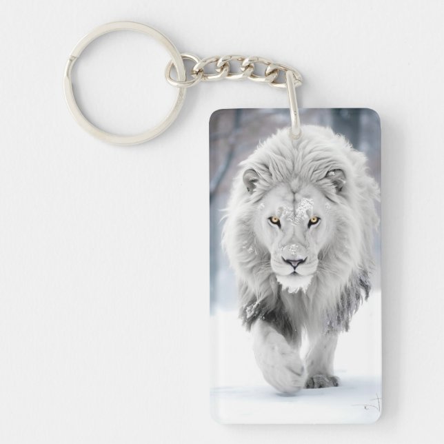 Majestic White Lion in Winter Wonderland Design Keychain (Front)