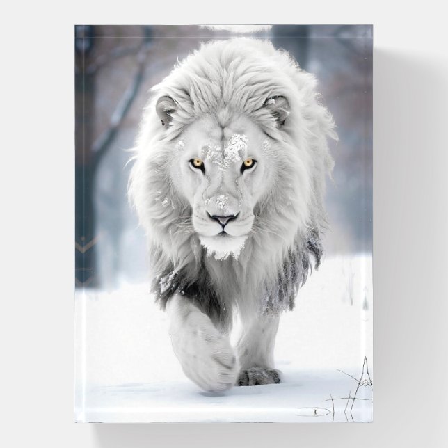 Majestic White Lion in Winter Wonderland Design Paperweight (Vertical)