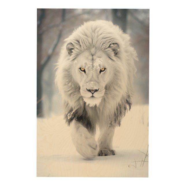 Majestic White Lion in Winter Wonderland Design Wood Wall Art (Front)