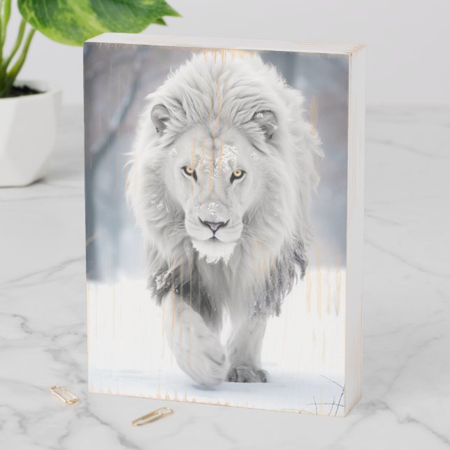 Majestic White Lion in Winter Wonderland Design Wooden Box Sign (In Situ Vertical)