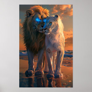 Majestic White Lion with Blue Eyes Poster