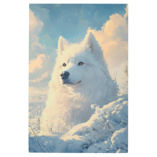 Majestic White Samoyed Winter Snow Dog Painting Metal Print