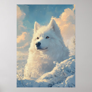 Majestic White Samoyed Winter Snow Dog Painting Poster