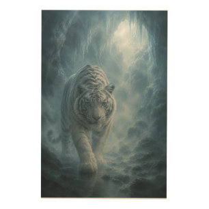Majestic White Tiger Beneath the Full Moon Blue Wood Wall Art