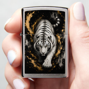 Majestic White Tiger Black Gold Ink Art Japanese Zippo Lighter