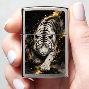 Majestic White Tiger in Black and Gold Luxury In Zippo Lighter