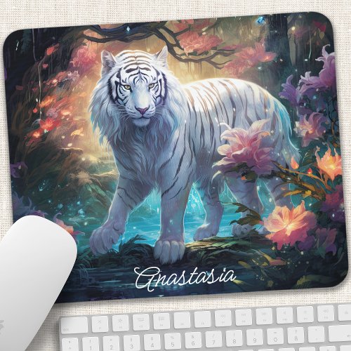 Majestic White Tiger in Enchanted Forest Mouse Pad