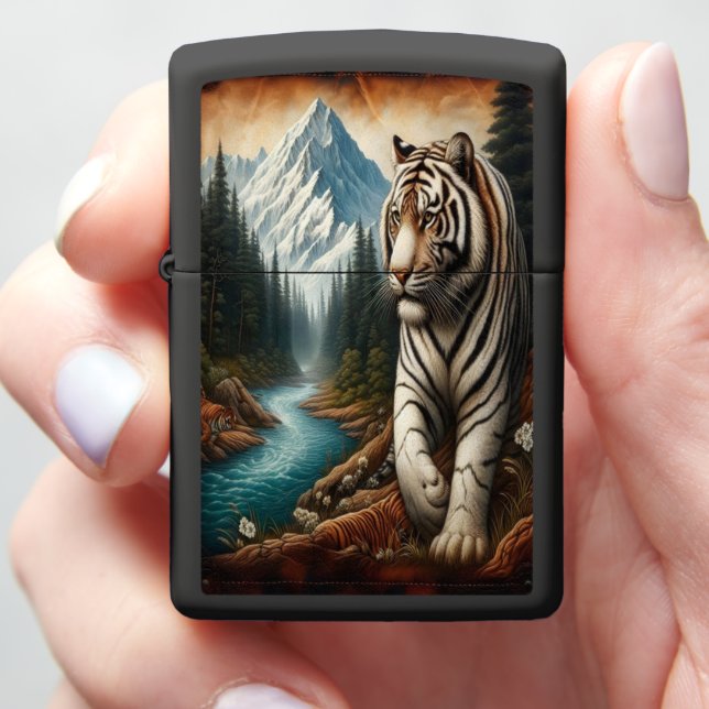 Majestic White Tiger in Mountain Valley Zippo Lighter (In Hand)