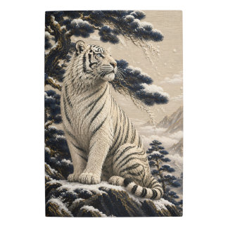 Majestic White Tiger in Snowy Mountains – Pine For Metal Print