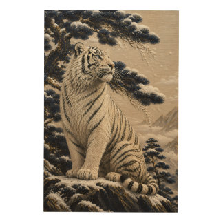 Majestic White Tiger in Snowy Mountains – Pine For Wood Wall Art