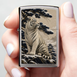 Majestic White Tiger in Snowy Mountains – Pine For Zippo Lighter