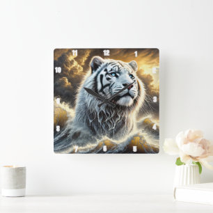 Majestic White Tiger Stormy Ocean Background Square Wall Clock