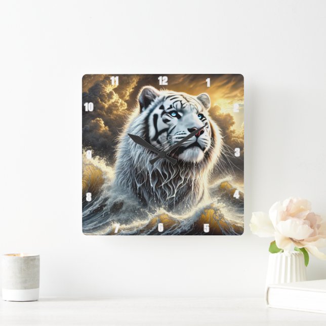 Majestic White Tiger Stormy Ocean Background Square Wall Clock (Home)