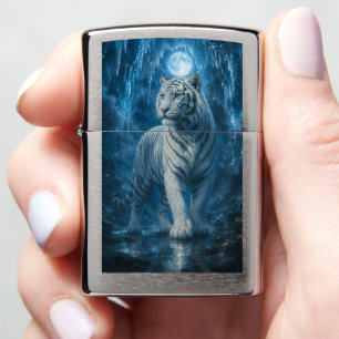 Majestic White Tiger Under Moonlight   Blue Fantas Zippo Lighter