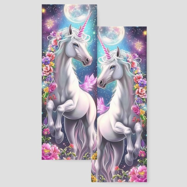 Majestic white unicorn flowers bookmarks (Front & Back)
