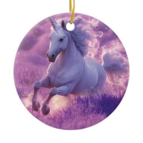 Majestic White Unicorn Galloping Through Lavender  Ceramic Ornament