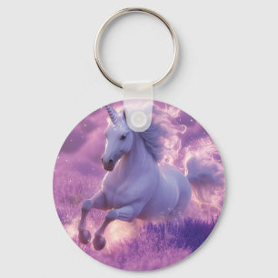 Majestic White Unicorn Galloping Through Lavender  Keychain