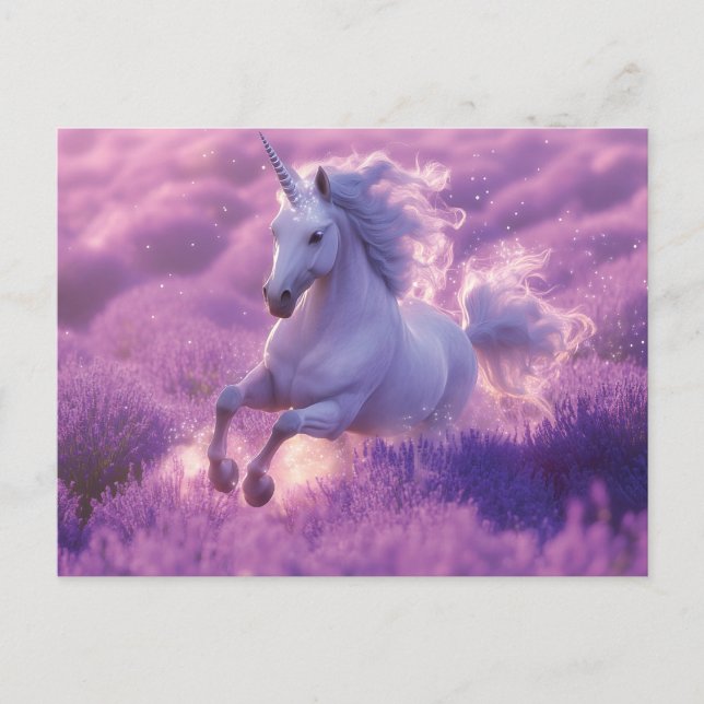 Majestic White Unicorn Galloping Through Lavender  Postcard (Front)