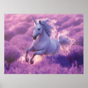 Majestic White Unicorn Galloping Through Lavender Poster