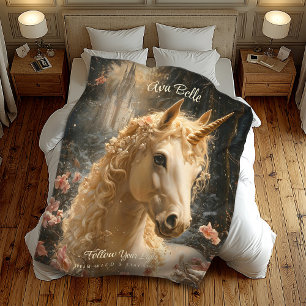 Majestic White Unicorn Winter Fantasy Snowy Forest Fleece Blanket