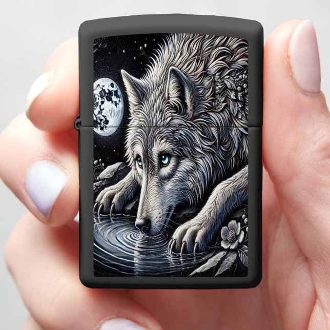 Majestic White Wolf Gazing at Moonlit Reflection Zippo Lighter (In Hand)