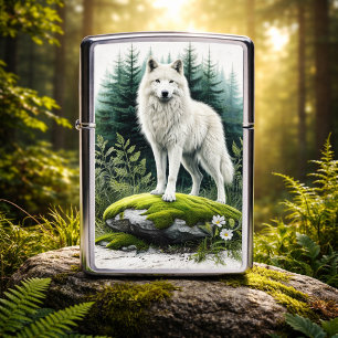 Majestic White Wolf in a Forest Zippo Lighter