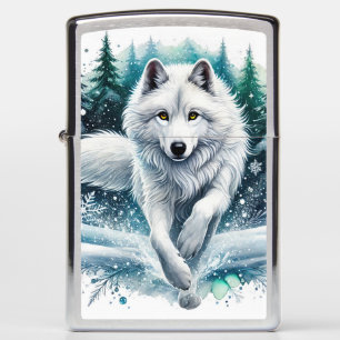 Majestic White Wolf in a Winter Wonderland Zippo Lighter
