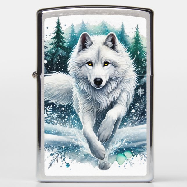 Majestic White Wolf in a Winter Wonderland Zippo Lighter (Front)