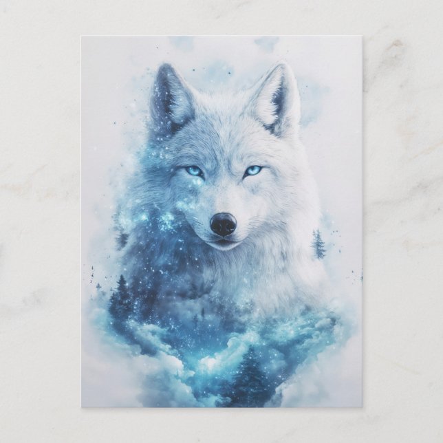 Majestic White Wolf in Icy Blue Nebula Postcard (Front)